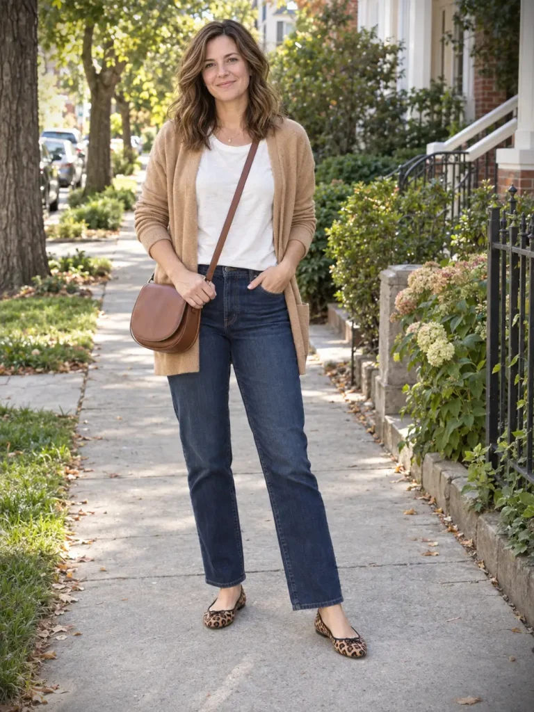 Woman wearing leopard flats with dark ankle-length jeans, an ivory tee, a camel cardigan, and a brown crossbody bag.