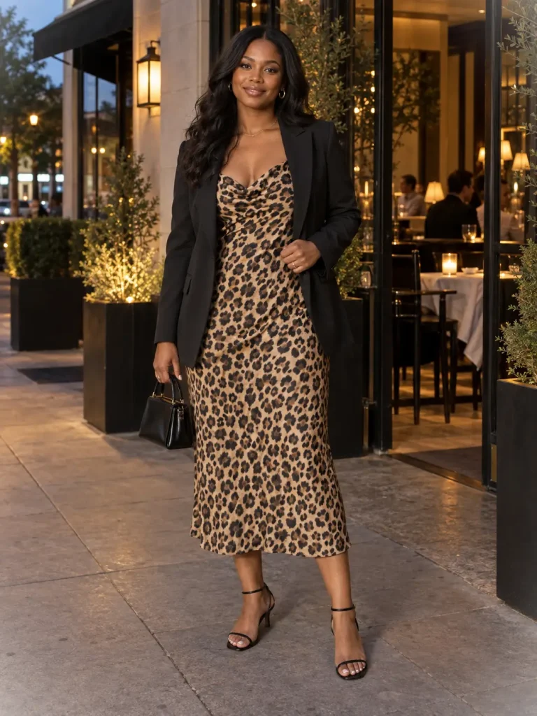 Woman wearing a leopard slip-style midi dress with a black blazer, black low-heel sandals, and a small black bag.