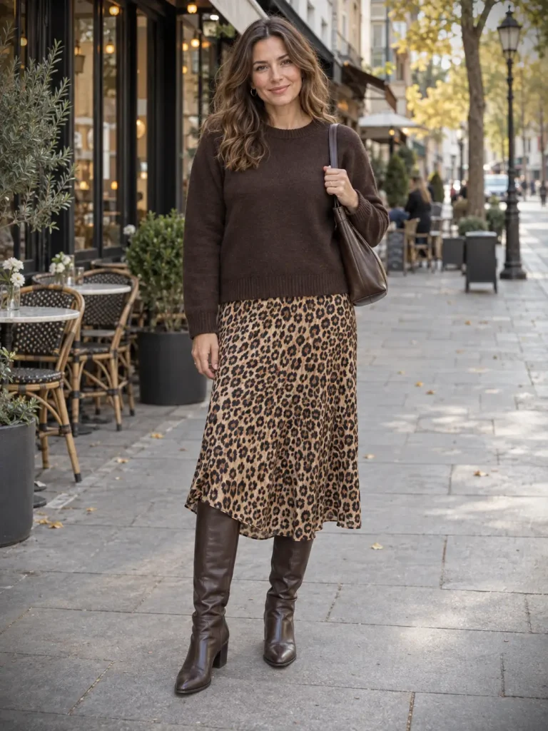 Woman wearing a chocolate sweater over a leopard midi dress with dark-brown tall boots and a brown shoulder bag.