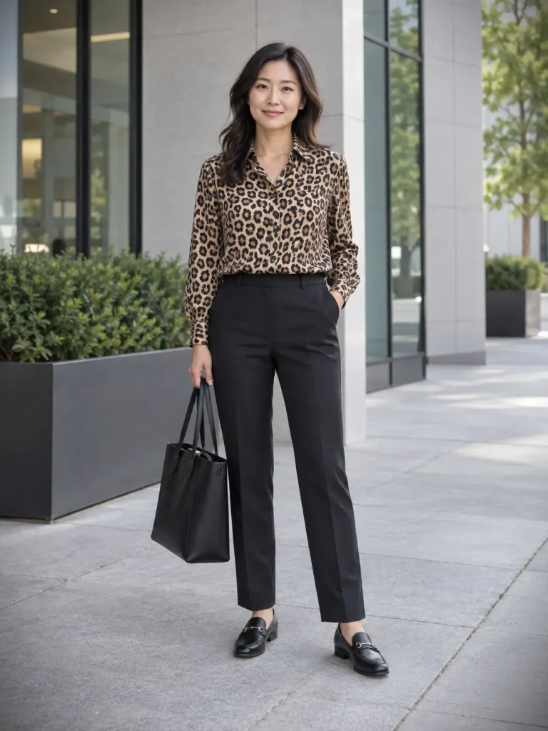 Woman wearing a leopard blouse tucked into black tailored pants with black loafers and a structured tote.