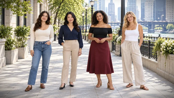 four adult women wearing distinct, practical outfits with scoop, V-neck, off the shoulder, and square-neck Low Cut tops. Pair the tops with straight-leg jeans, tailored trousers, a midi skirt, and relaxed linen pants.