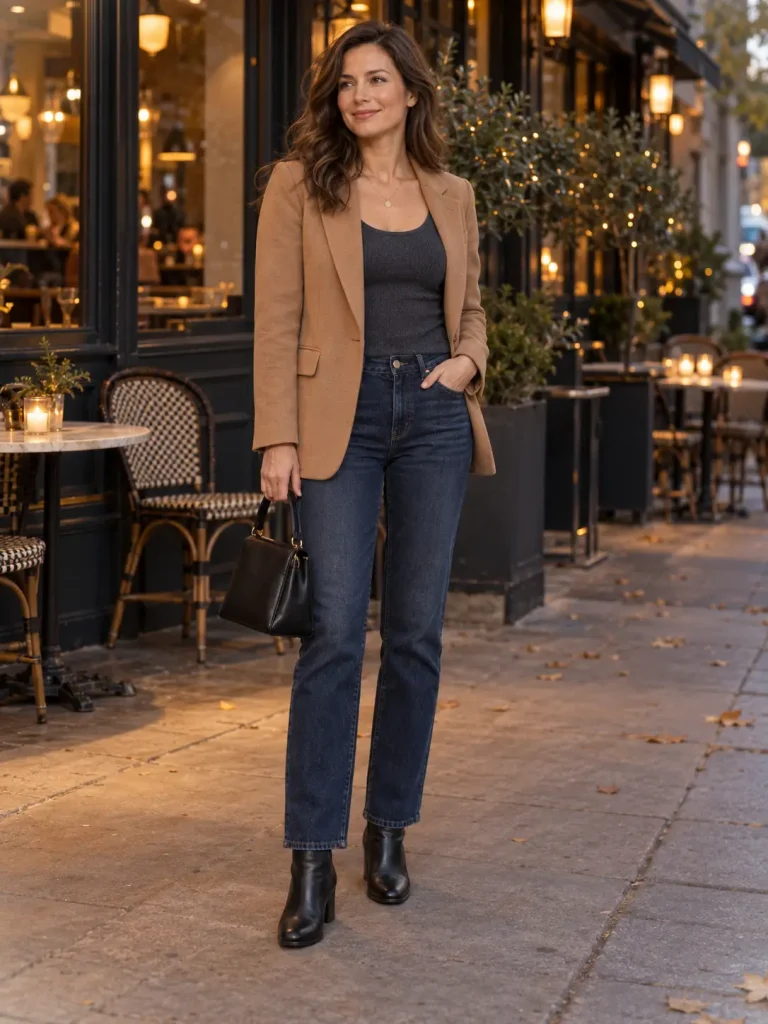 Woman wearing a charcoal low cut knit top, camel blazer, dark jeans, and black ankle boots.

