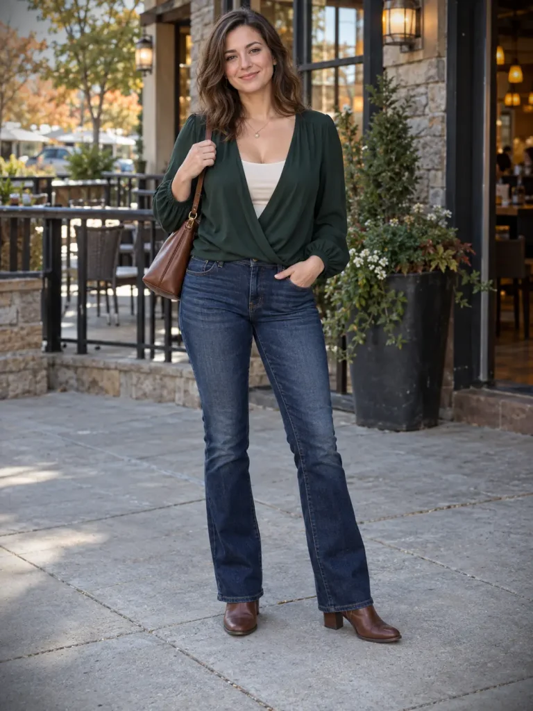 Woman wearing a green deep V-neck blouse over a cream camisole with bootcut jeans and ankle boots.

