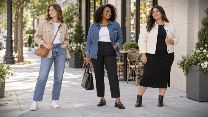 Three women wearing beige, denim, and cream shackets with jeans, trousers, and a midi dress for ideas of Shacket outfit women on design.com