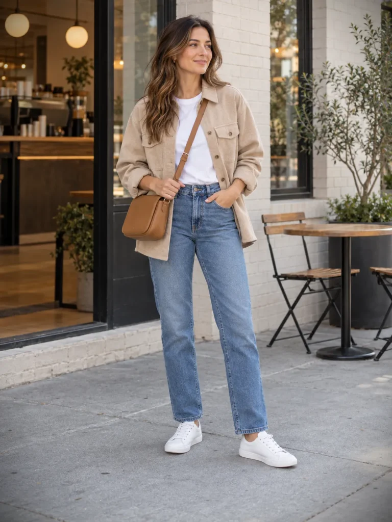 Woman wearing a beige shacket with a white tee, straight-leg blue jeans, white sneakers, and a tan crossbody bag for Shacket Outfit Women.