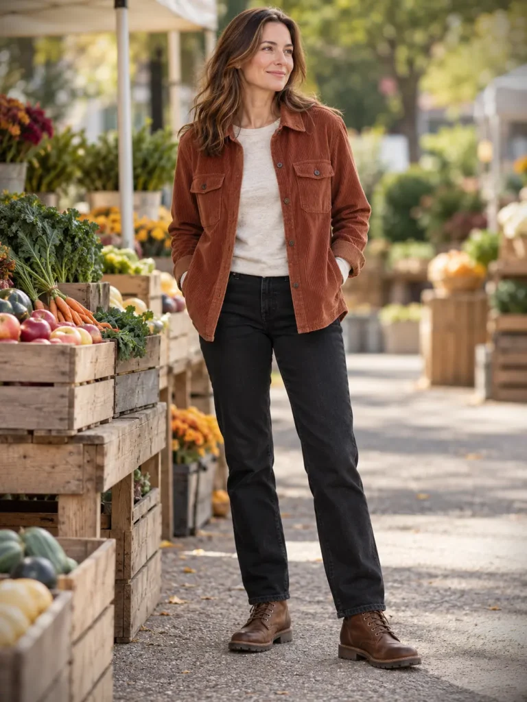 Woman wearing a rust corduroy shacket with an oatmeal tee, black straight-leg jeans, and brown lace-up boots.