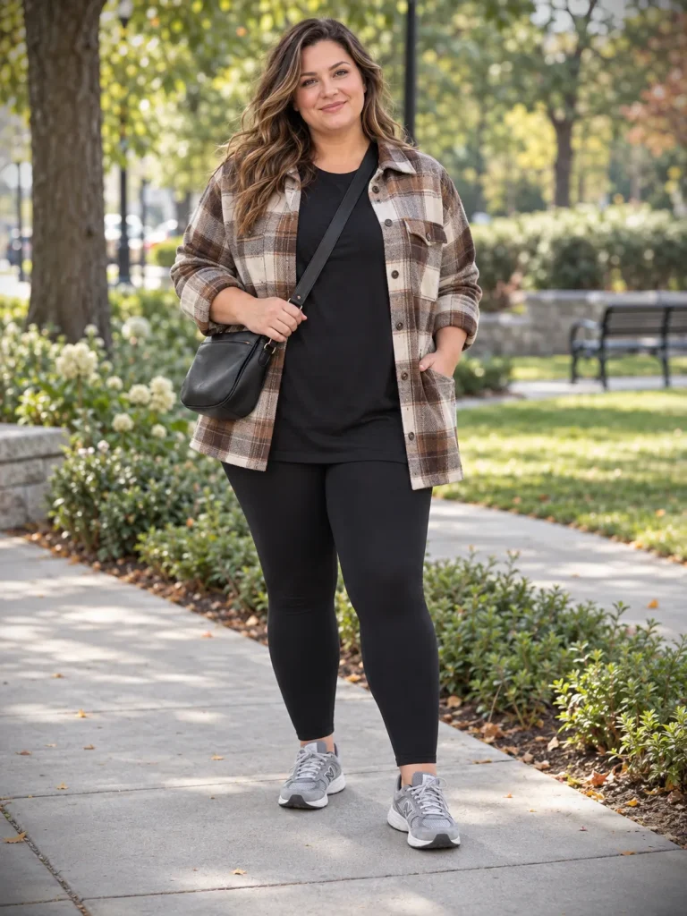Woman wearing a brown plaid shacket over a black longline tee and leggings with gray sneakers.