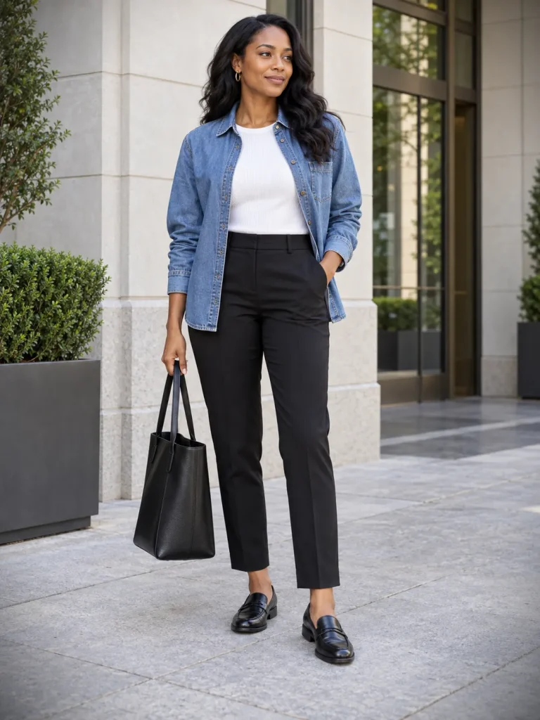 ALT text: Woman wearing a blue denim shacket with a white ribbed top, black ankle-length trousers, and black loafers.