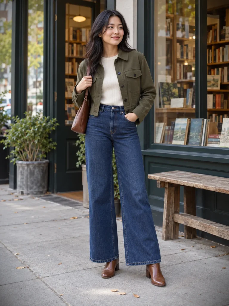 Woman wearing a cropped olive shacket with a cream top, dark-blue wide-leg jeans, and brown ankle boots.