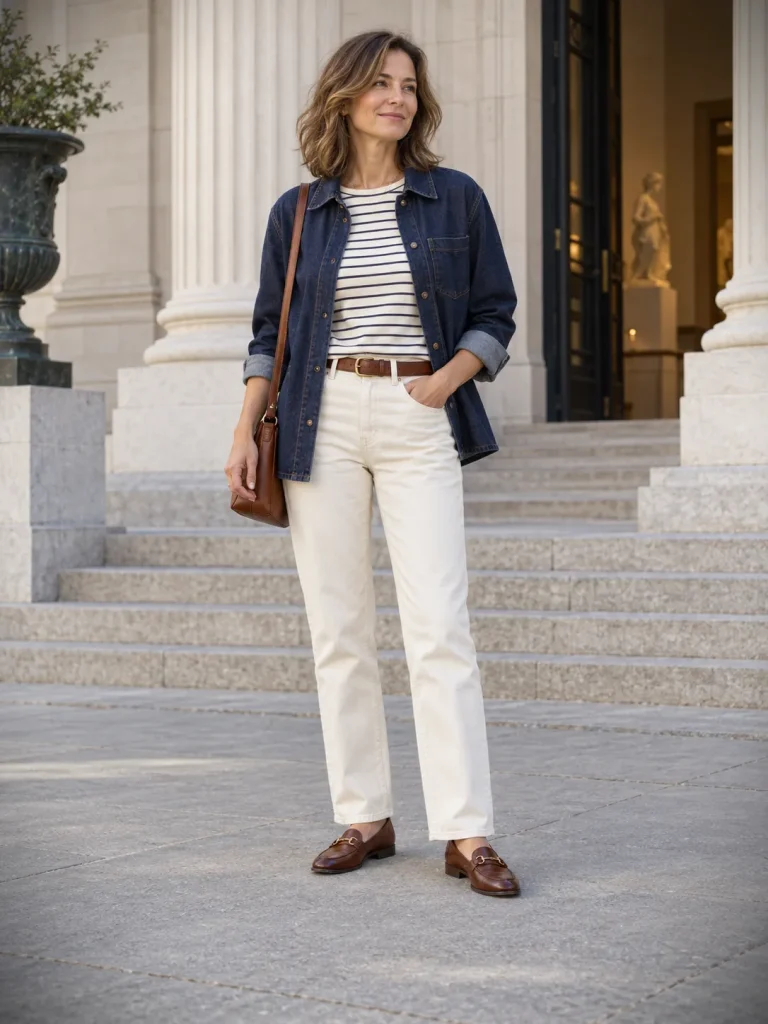 Woman wearing a dark-indigo denim shacket with a navy striped tee, ecru jeans, brown belt, and loafers.