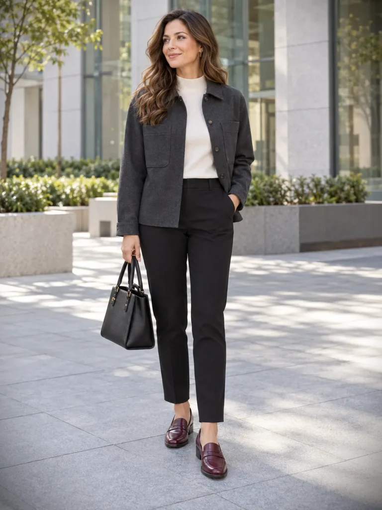 Woman wearing a charcoal shacket with an ivory mock-neck top, black tailored pants, and burgundy loafers.
