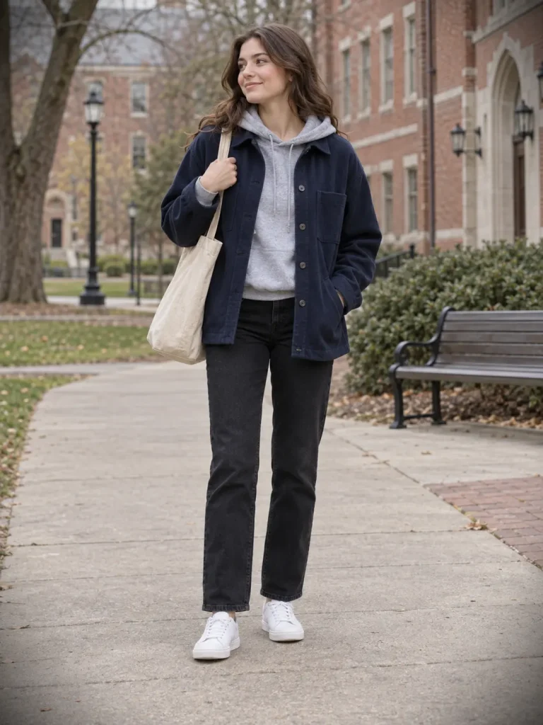 Woman wearing a navy shacket over a gray hoodie with black straight-leg jeans, white sneakers, and a canvas tote.