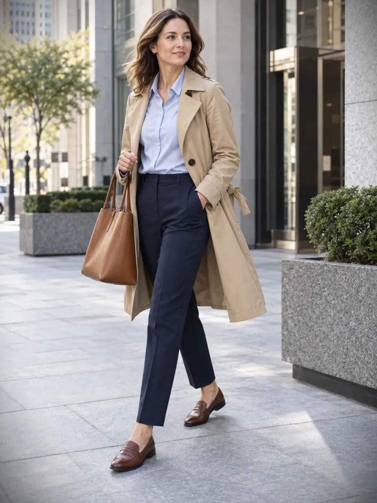 Woman wearing a beige trench coat with a pale blue shirt, navy trousers, brown loafers, and a tan tote.
