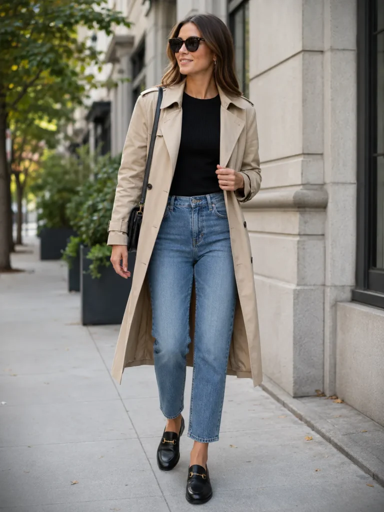 Cropped blue washed jeans styled with a black knit top, beige trench coat, black loafers, and shoulder bag.