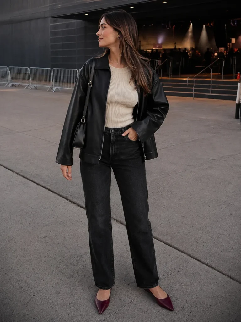 Evening outfit with black washed straight-leg jeans, a cream ribbed top, black leather jacket, and burgundy flats.