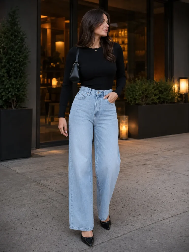 Woman wearing light wash wide-leg jeans with a fitted black top, pointed flats, and a black shoulder bag.