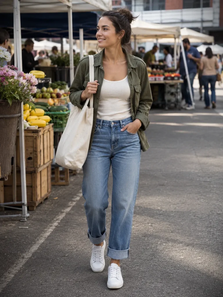 Casual blue washed boyfriend jeans outfit with a cream tank, olive utility jacket, white sneakers, and canvas tote.

