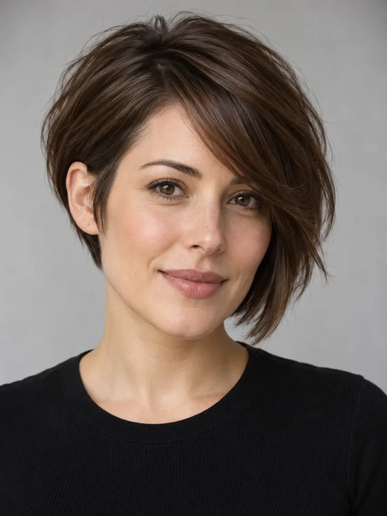 Asymmetrical chestnut bixie with an exposed right ear and longer left-side layers.