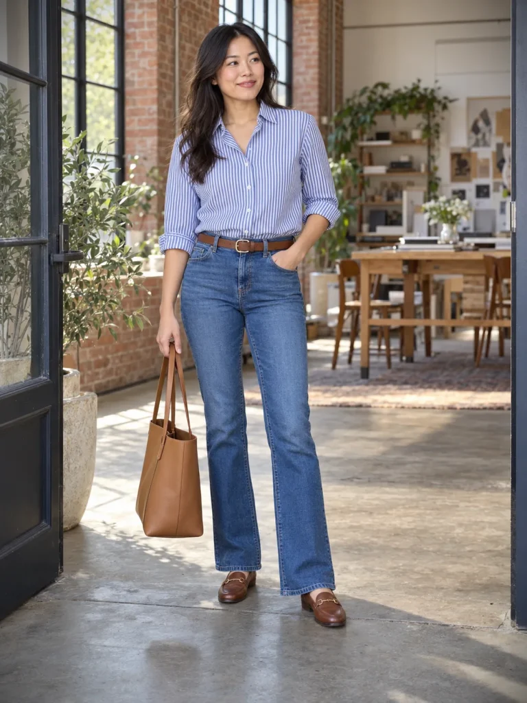 Medium-blue bootcut jeans with a striped button-down shirt, brown belt, brown loafers, and tan tote.