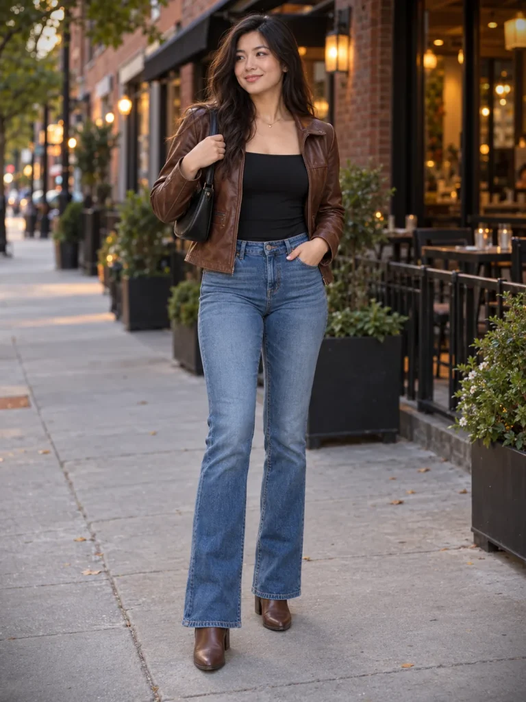 Blue bootcut jeans with a black square-neck top, short brown leather jacket, brown boots, and black bag.