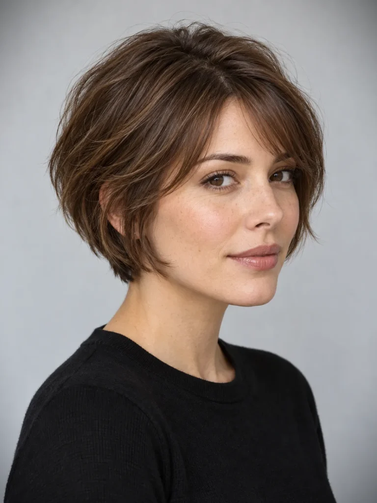 Chestnut bixie with rounded layers, a side fringe, and partial ear coverage.
