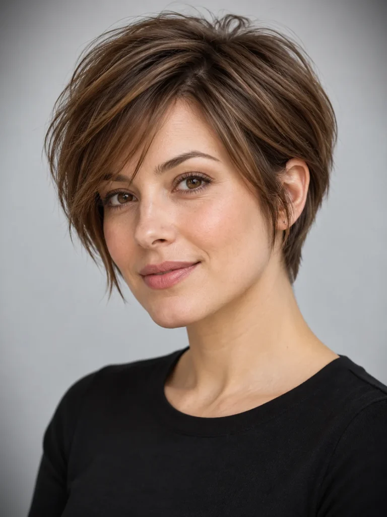 Long chestnut pixie with an eyebrow-length fringe and soft temple pieces.