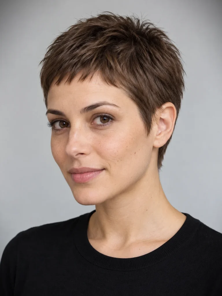 Ultra-short brown pixie with a tiny fringe and exposed ears.