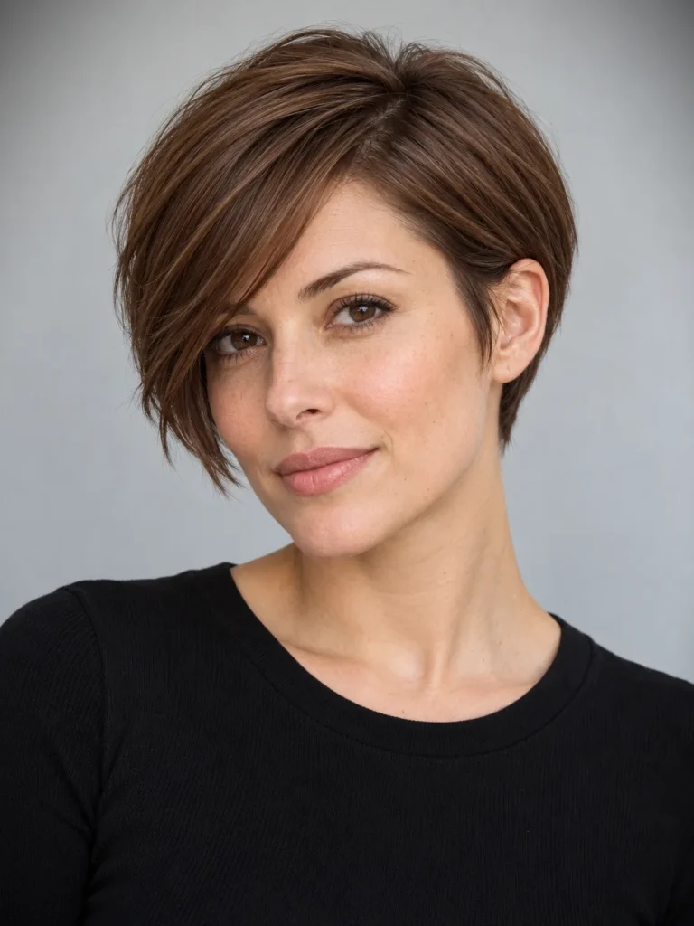 Brown pixie with a long diagonal fringe and closely shaped sides.