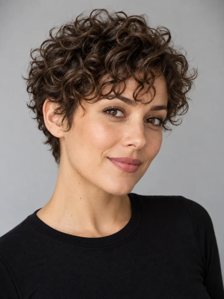 Curly chestnut pixie with defined ringlets and a rounded crown.