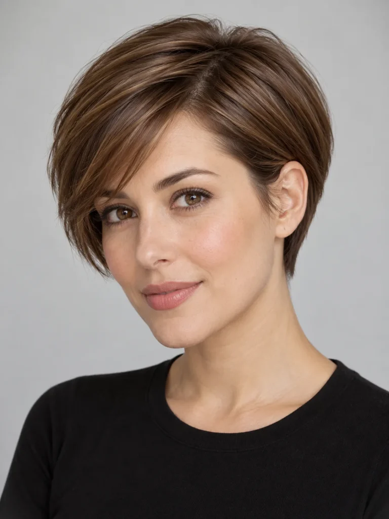 Sleek brown pixie with a defined side part and smooth diagonal fringe.
