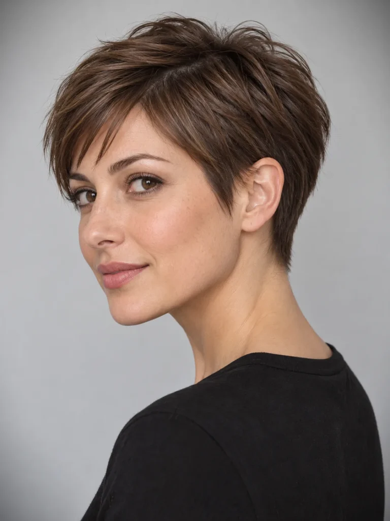 Tapered chestnut pixie with a smoothly blended nape and short sides.