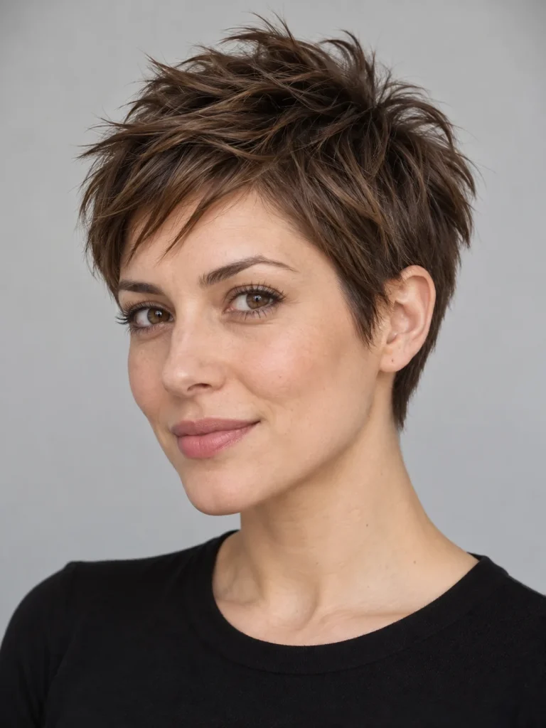 Short brown pixie with softly spiked crown layers and cropped sides.