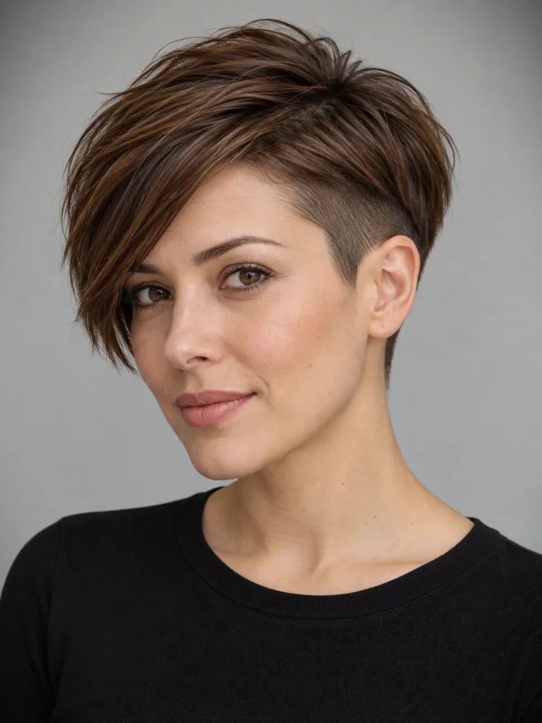 Brown undercut pixie with a long top and closely clipped sides.