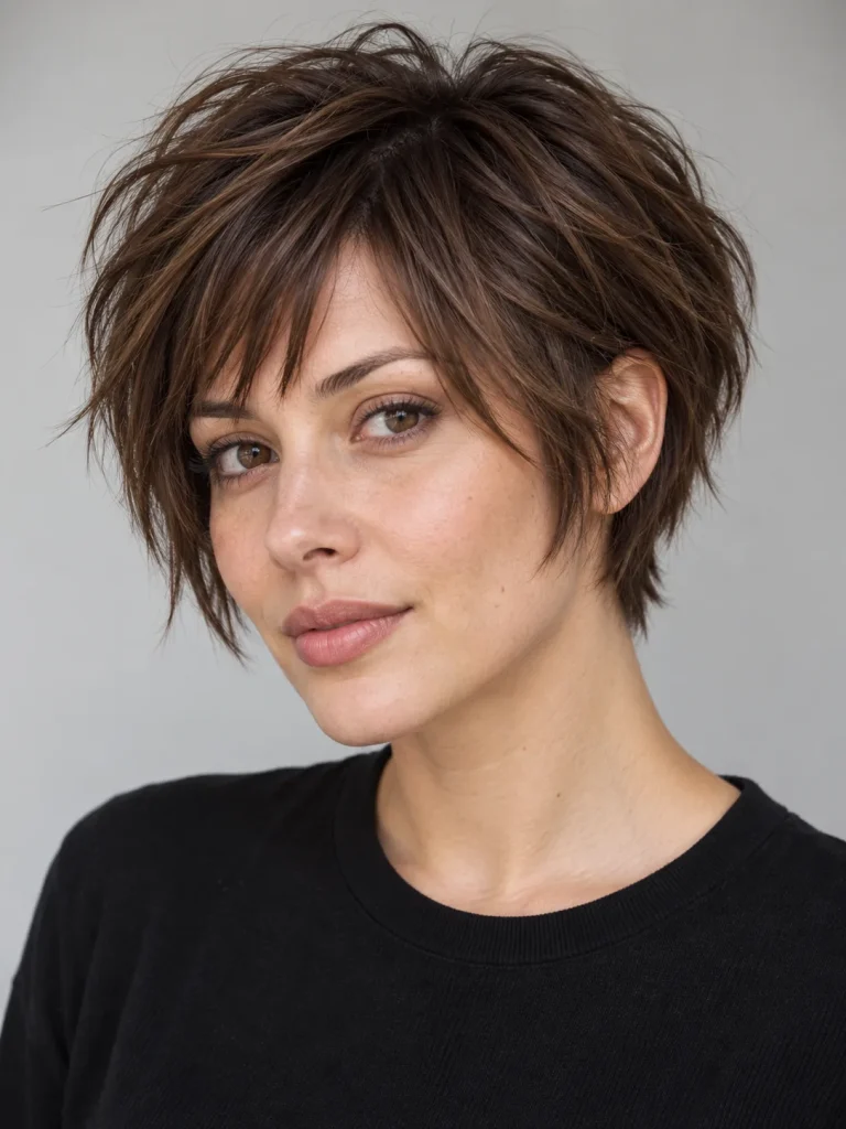 Choppy chestnut bixie with separated crown layers, an irregular fringe, and a tapered back.