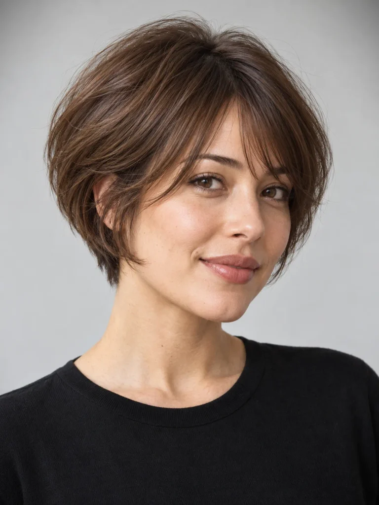 Bixie Haircut Style: Chestnut rounded bixie with a side-swept fringe and feathered cheekbone-length pieces.