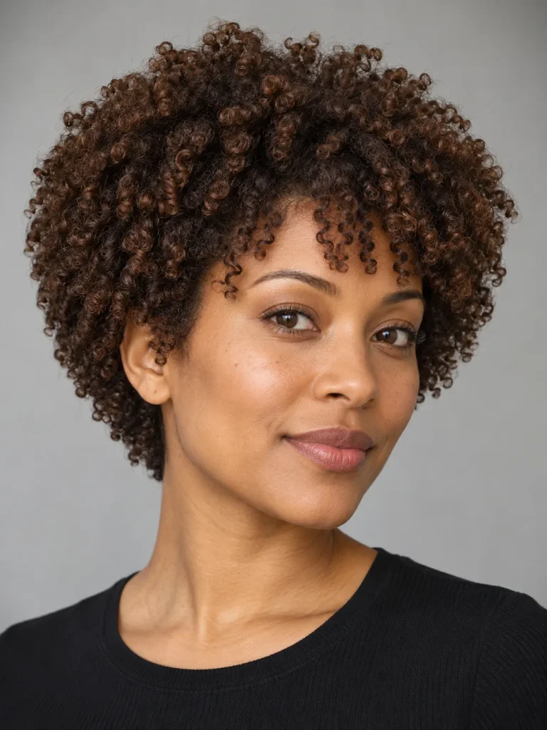 Coily chestnut bixie with a rounded crown, short coily fringe, and partially exposed ears.