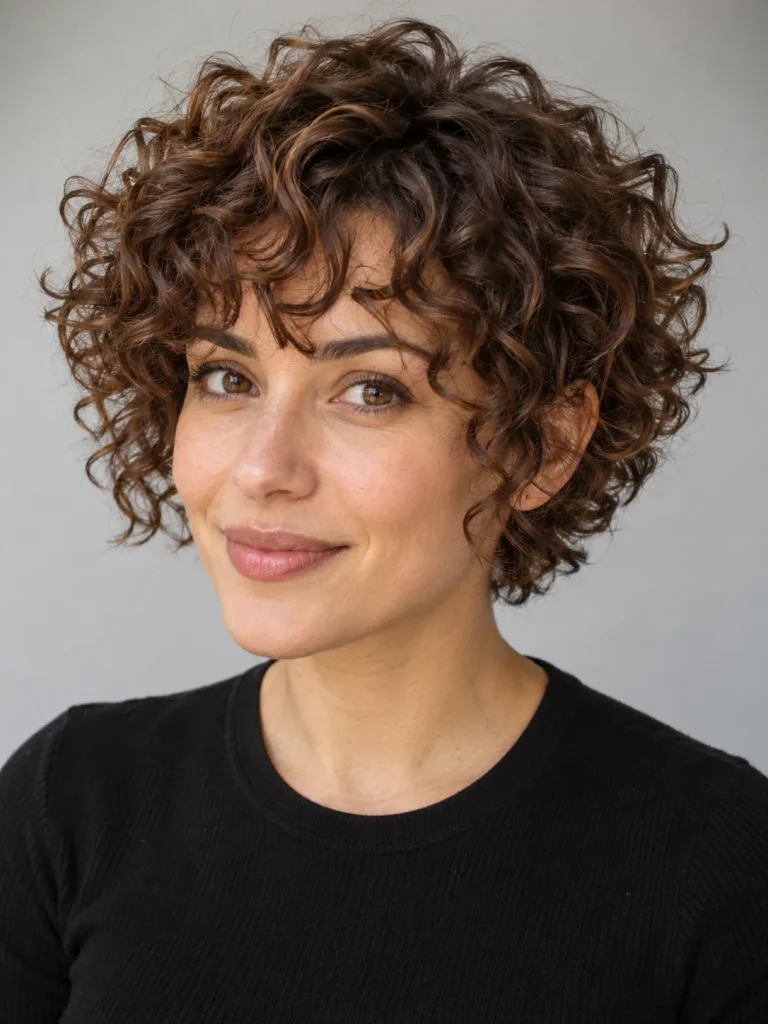 Curly chestnut bixie with defined ringlets, a rounded crown, and a short curly fringe.