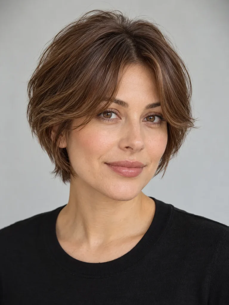 Chestnut bixie with center-parted curtain bangs curving toward the cheekbones.