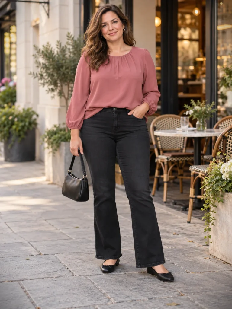 Black bootcut jeans with a dusty-rose blouse, black almond-toe flats, and small black handbag.