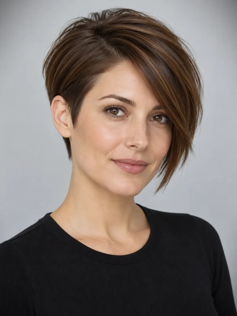 Asymmetrical brown pixie with one short side and one cheekbone-length side.