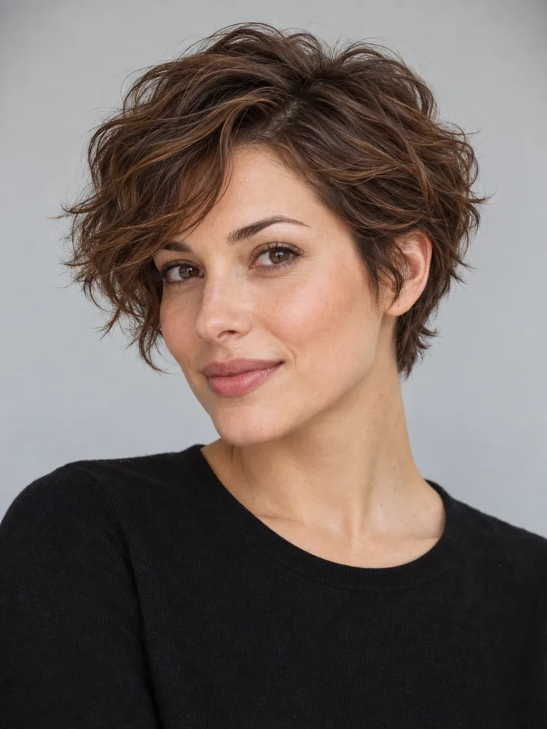 Wavy chestnut pixie with soft bends and a side-swept fringe.