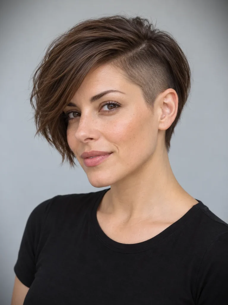 Chestnut pixie with one shaved side and a longer diagonal fringe.