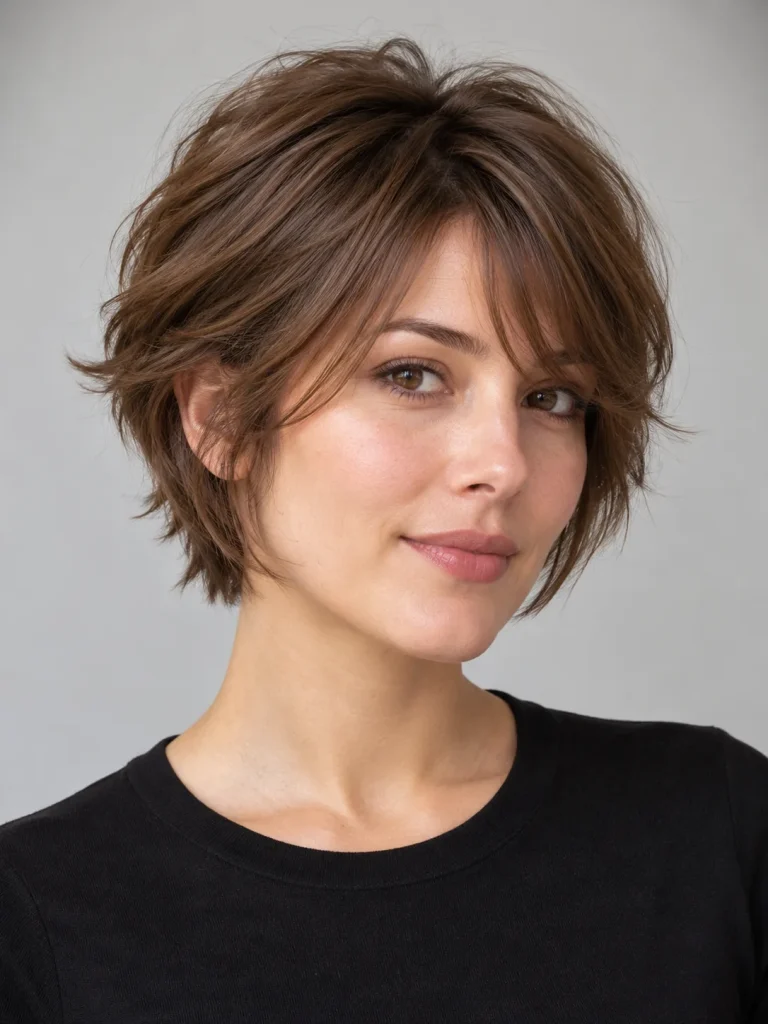 Feathered chestnut bixie with a wispy side fringe and softly flicked ends.