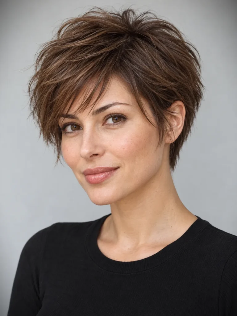 Soft feathered brown pixie with airy layers and wispy temple pieces.