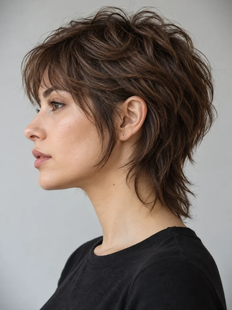 Brown mixie with short crown layers and a longer feathered nape.