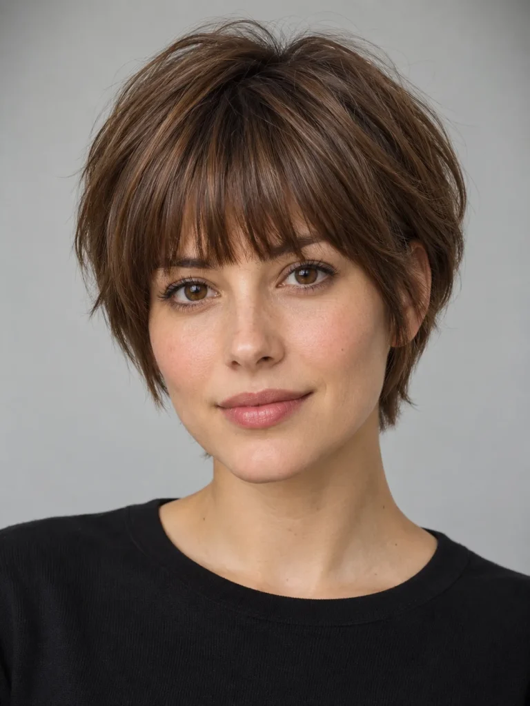 Rounded chestnut bixie with a full eyebrow-length fringe and softly layered sides.