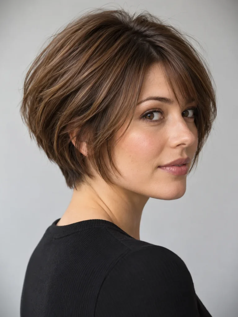 Side view of a chestnut graduated bixie with a rounded back and fitted nape.