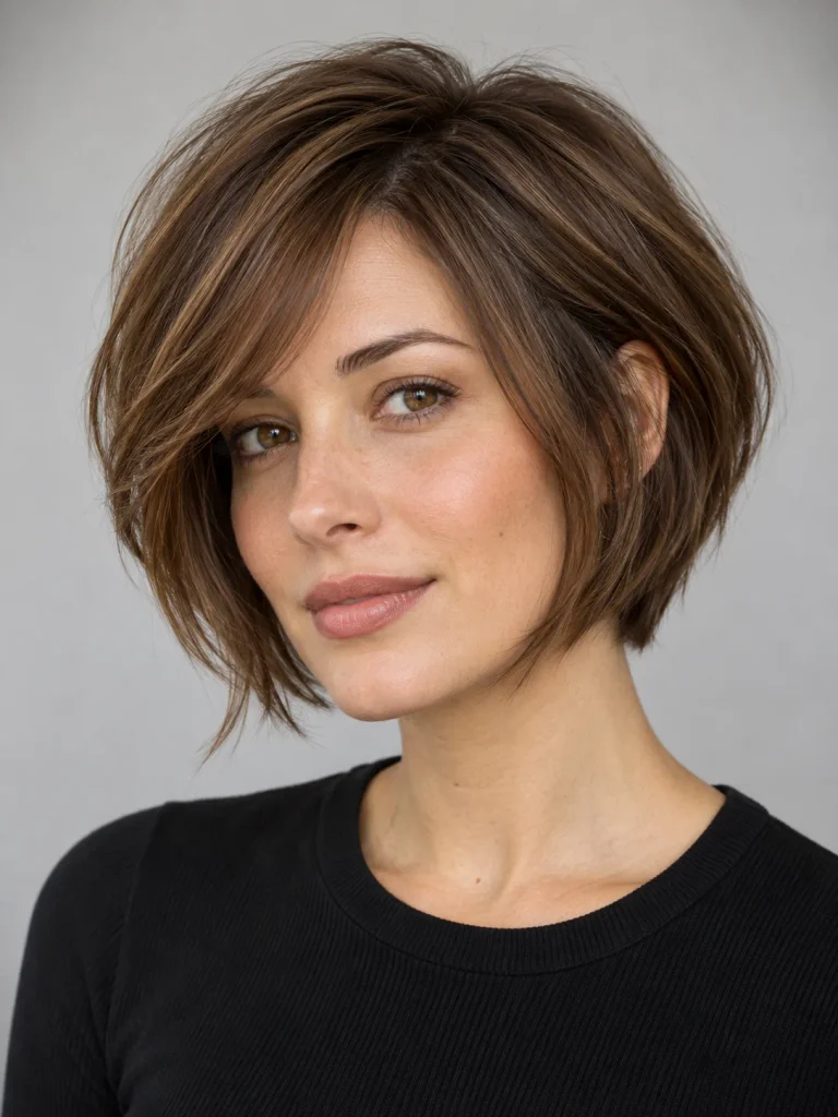 Long chestnut bixie with jaw-skimming front layers and a sweeping side fringe.