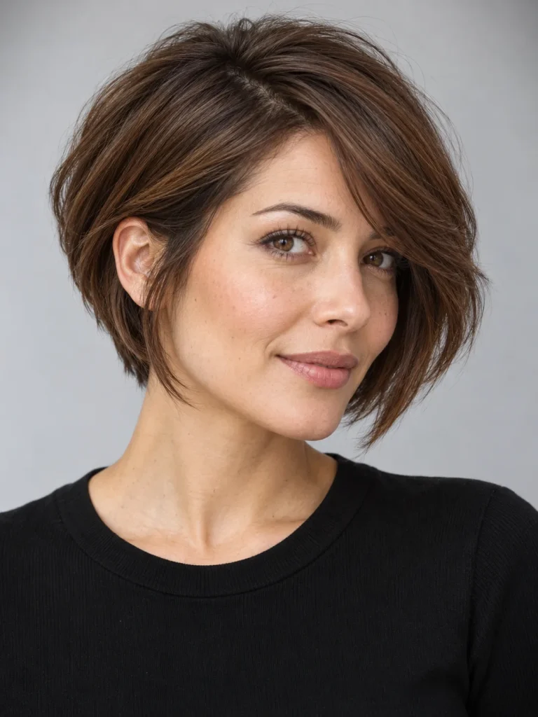 Chestnut bixie with a long diagonal side fringe and one side tucked behind the ear.