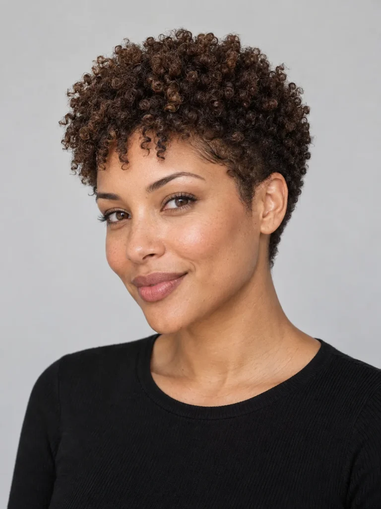 Coily chestnut pixie with a rounded crown and tapered sides.